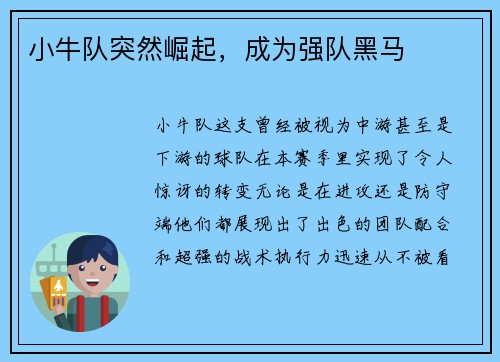 小牛队突然崛起，成为强队黑马
